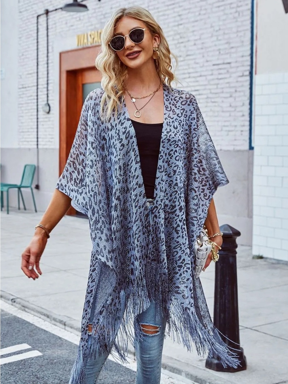 Leopard Print Fringe Open Cardigan Sweater - Gray